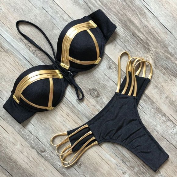 Sexy Luxurious Black-Gold Bikini Push Up Swimsuit - Picture 4 of 4